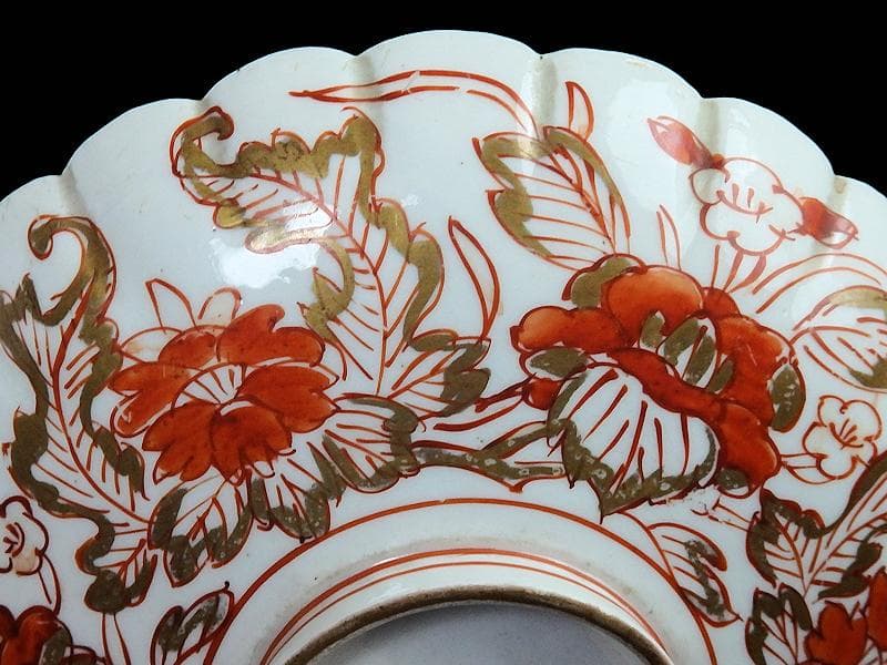 古伊万里　金襴手　輪花　花に柘榴の図　蓋付き深鉢　菓子鉢　E866AS-COk