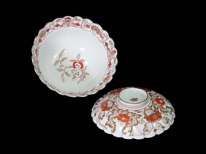 古伊万里　金襴手　輪花　花に柘榴の図　蓋付き深鉢　菓子鉢　E866AS-COk