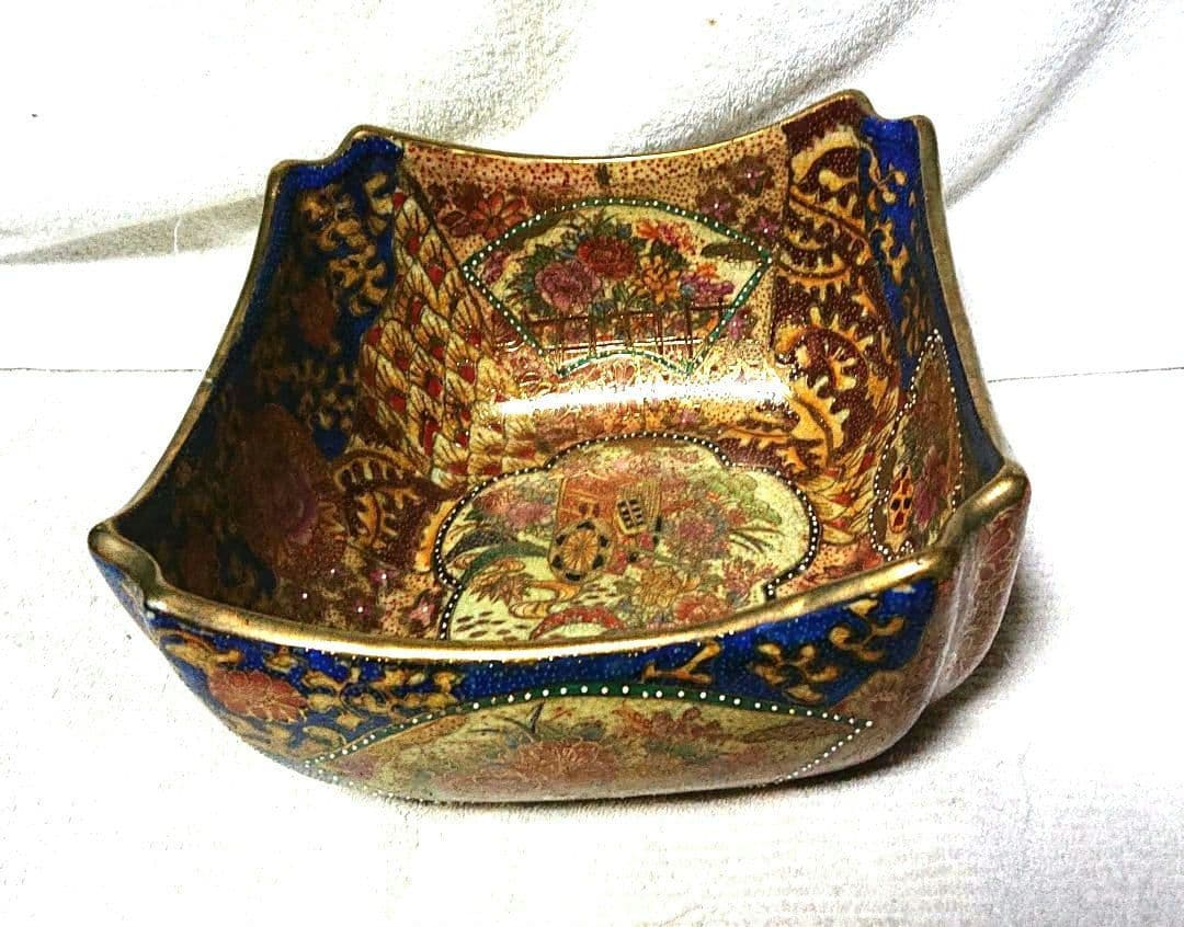 薩摩焼青と金の花柄角型陶器ボウルT168