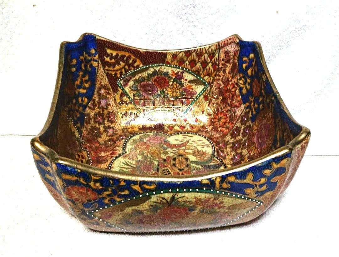 薩摩焼青と金の花柄角型陶器ボウルT168