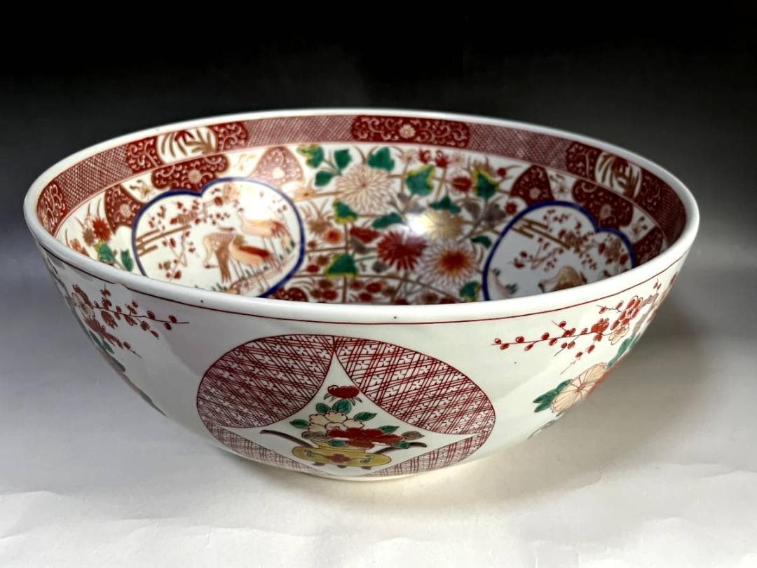 大鉢■みごとな赤絵金襴手大鉢 窓花鳥図 牡丹 松竹梅 菊 手描 江戸期 骨董品■