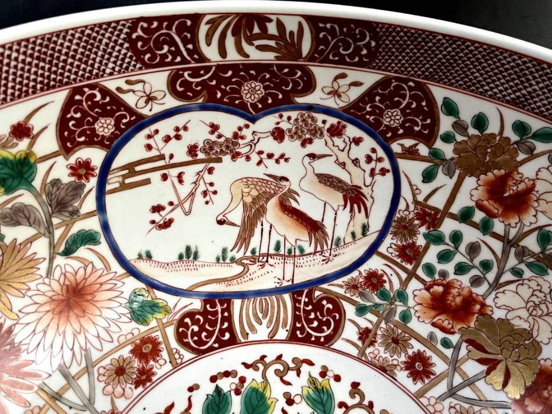 大鉢■みごとな赤絵金襴手大鉢 窓花鳥図 牡丹 松竹梅 菊 手描 江戸期 骨董品■