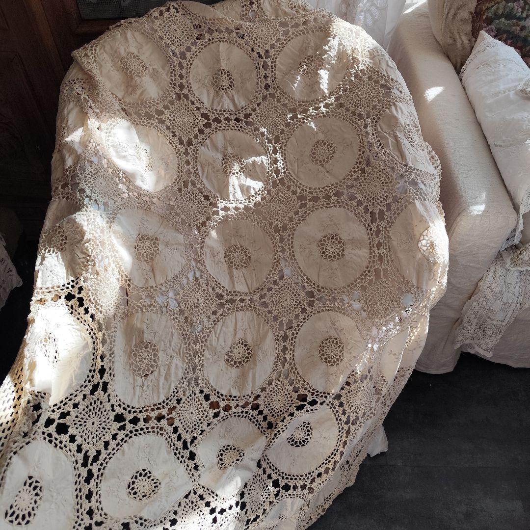 Vintage生成り　手編みレース 35パーツ繋ぎ フリークロス