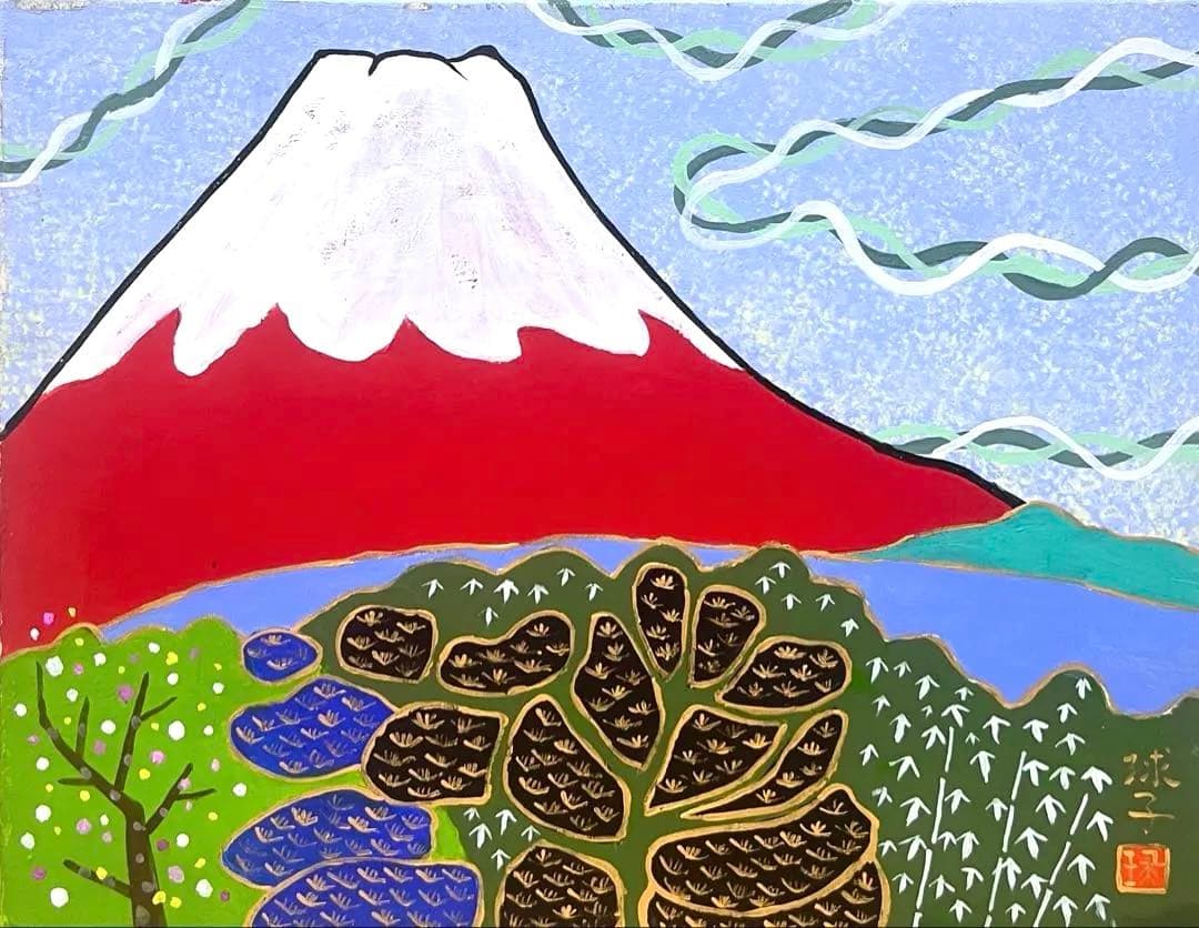 (F6号)片岡球子【赤富士】 肉筆/表裏サイン有り/裏シール有り/岩彩