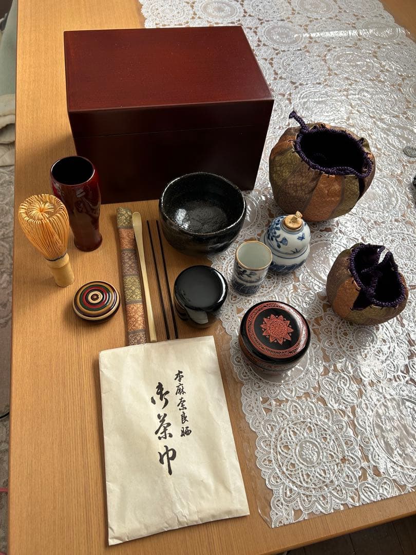 茶道具セット 一式 焦茶箱付き 木箱のサイズ 約高さ14㌢幅21㌢奥行き15㌢