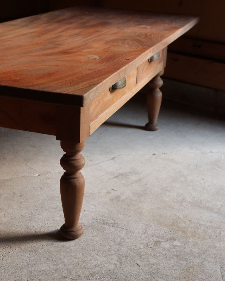 総欅(ケヤキ)材のろくろ脚ローテーブル　古道具 古家具 アンティーク カフェ
