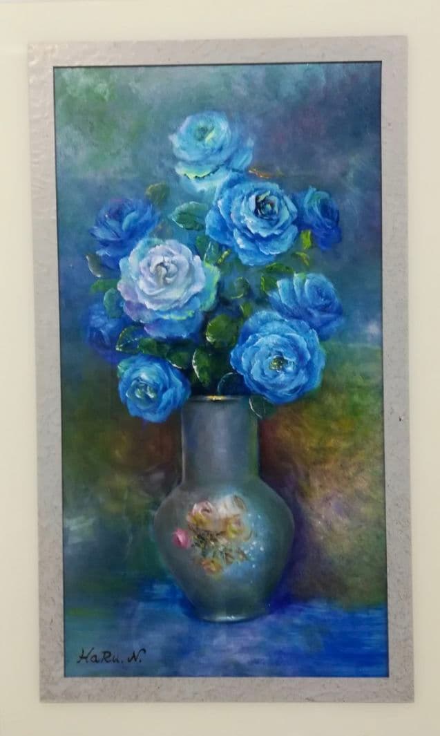 画家 HaRu 花 薔薇 ばら バラ 花瓶 絵画 油絵 アクリル 額縁