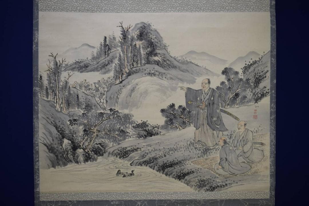 真作/叟山/菅田大池修築之絵/武士絵/布袋屋掛軸HH-889