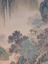 【真作】掛軸　松原海雲　山水図　楼閣山居図　橋渡人物　古画　合箱入　U59