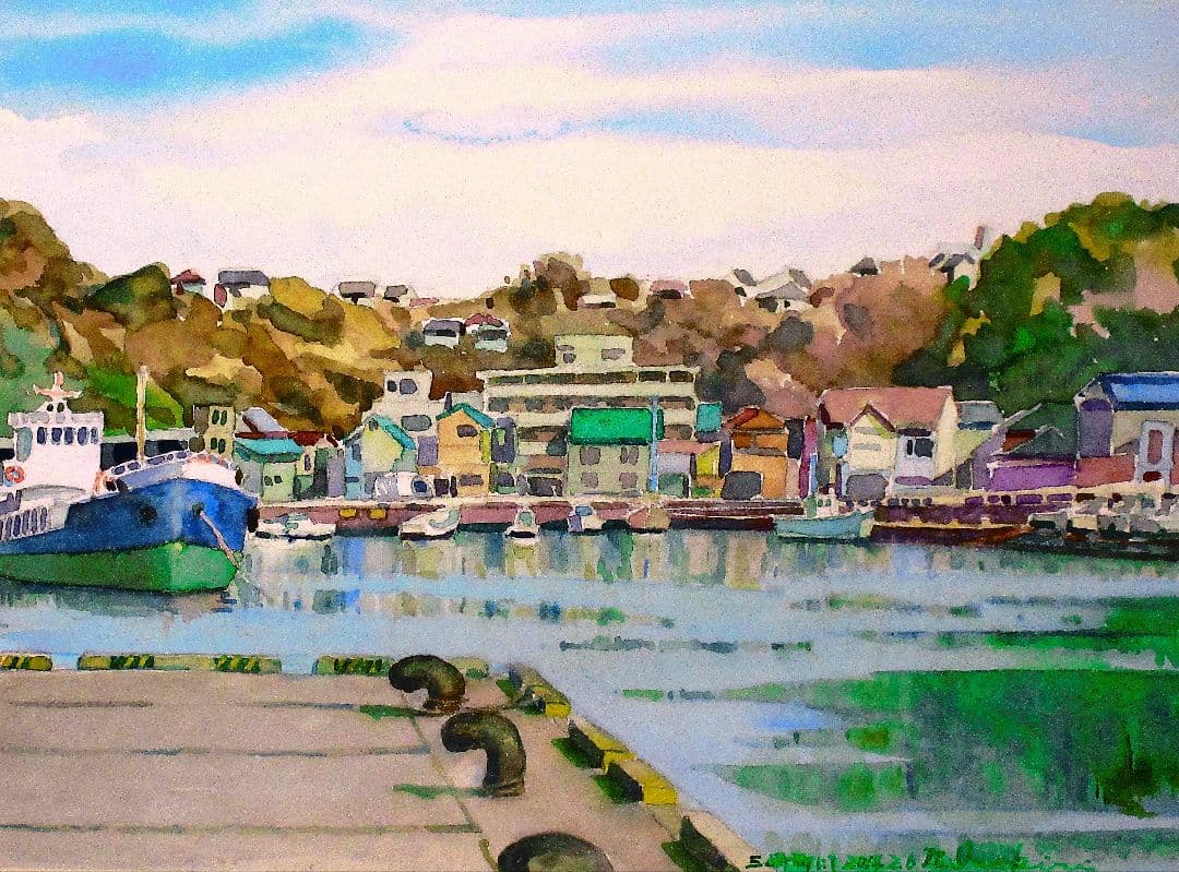 三浦市北条湾( 水彩画 額装済み)