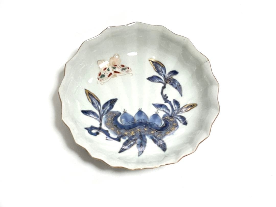 古伊万里　骨董　色絵　金彩　栗に蝶々の図　秋　輪花縁　なます皿　膾皿
