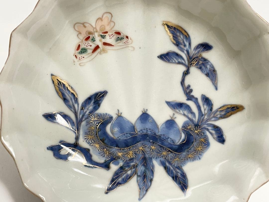 古伊万里　骨董　色絵　金彩　栗に蝶々の図　秋　輪花縁　なます皿　膾皿