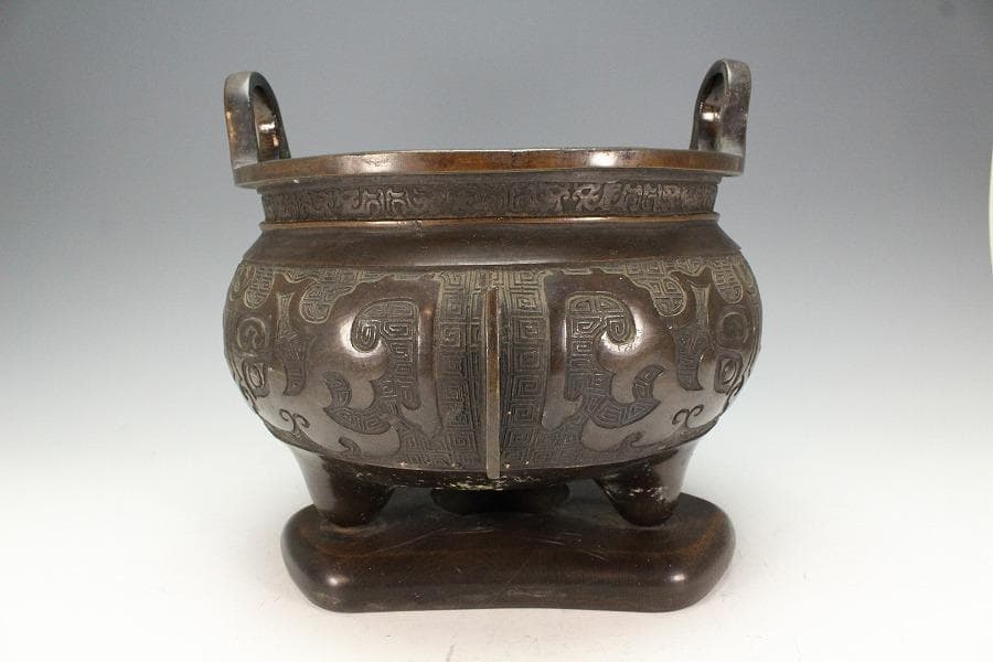 古銅 饕餮紋 双耳 円形 瓶掛(K-LC698)