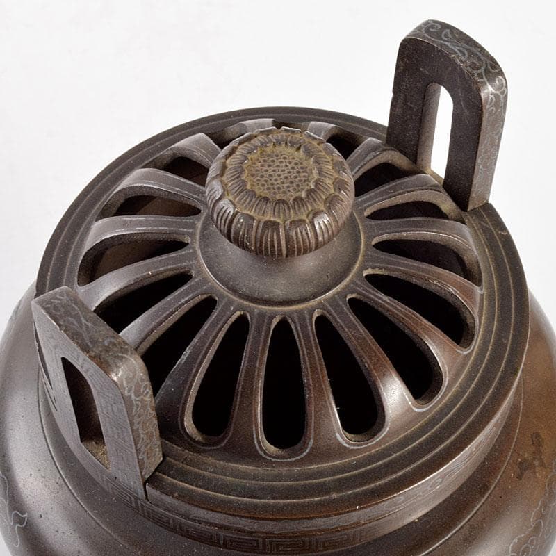 古銅　銀象嵌雲鶴文　三足蓋爐　香炉　唐木台・時代箱付　R　R4959