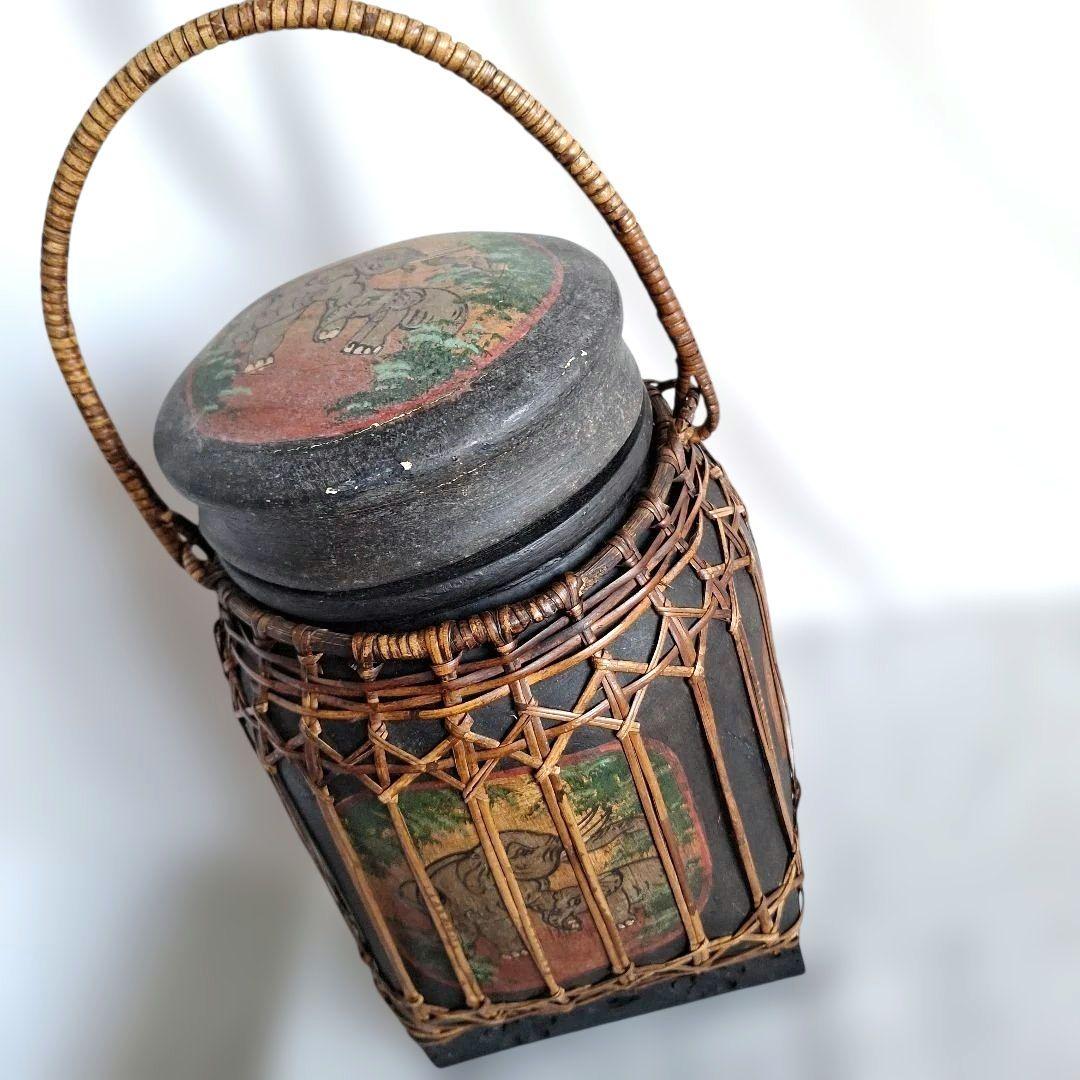 希少 タイ ラオス 伝統工芸品 もち米入れ 手描き 象 親子 ラタン編み 骨董