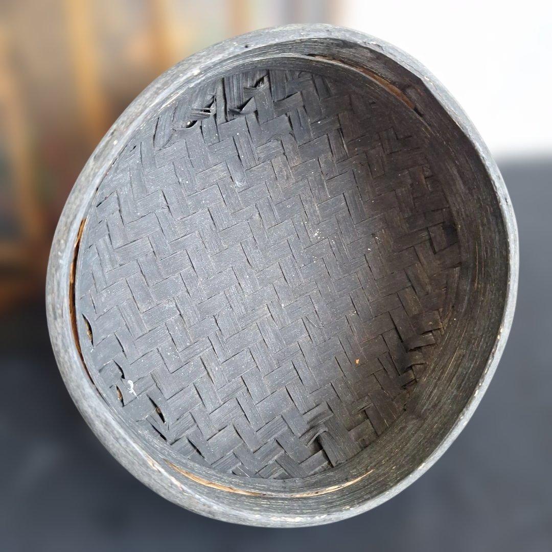 希少 タイ ラオス 伝統工芸品 もち米入れ 手描き 象 親子 ラタン編み 骨董