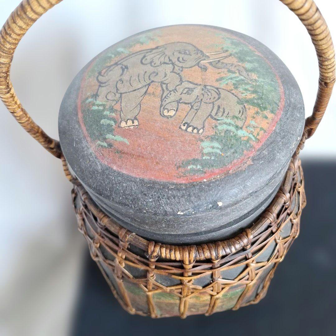 希少 タイ ラオス 伝統工芸品 もち米入れ 手描き 象 親子 ラタン編み 骨董