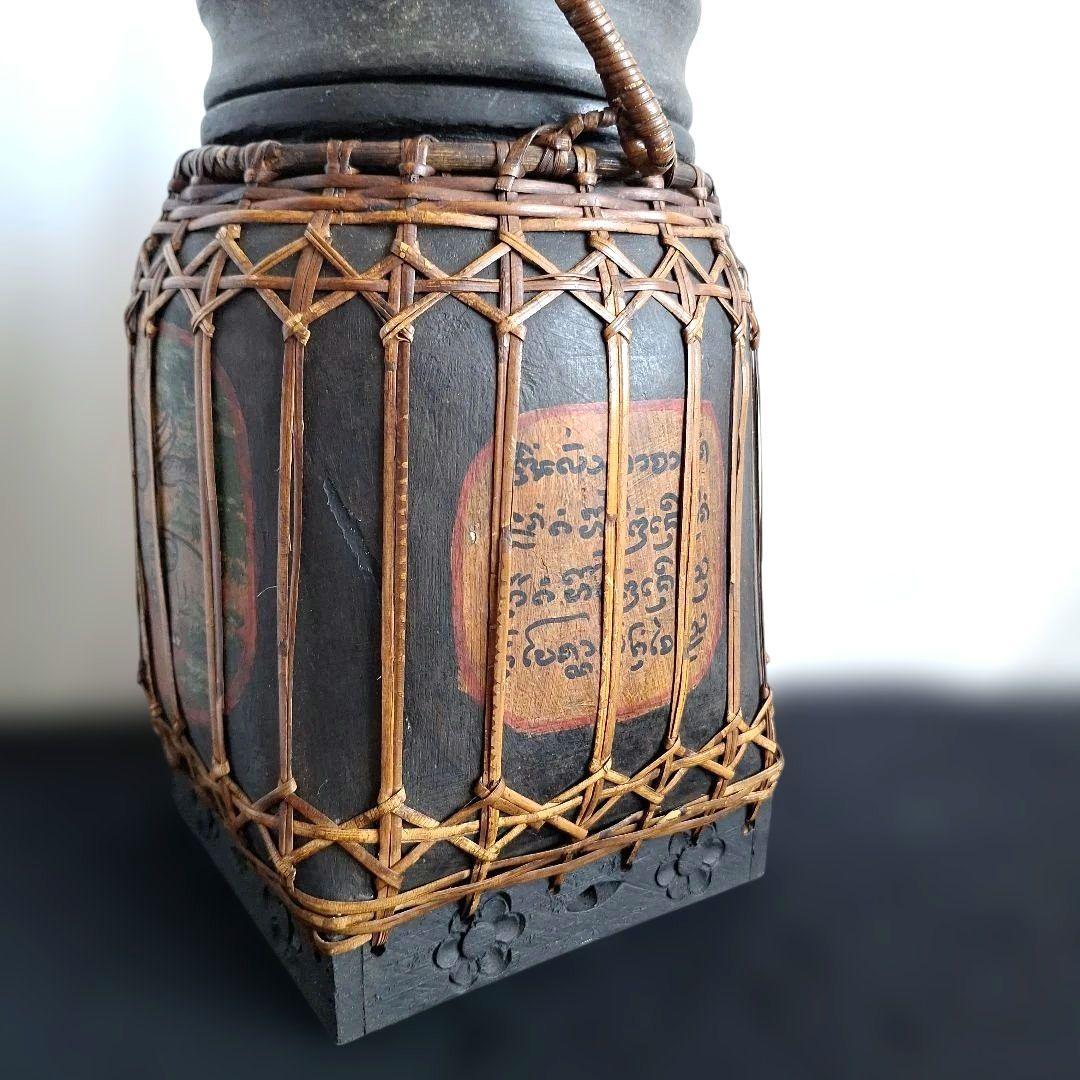 希少 タイ ラオス 伝統工芸品 もち米入れ 手描き 象 親子 ラタン編み 骨董