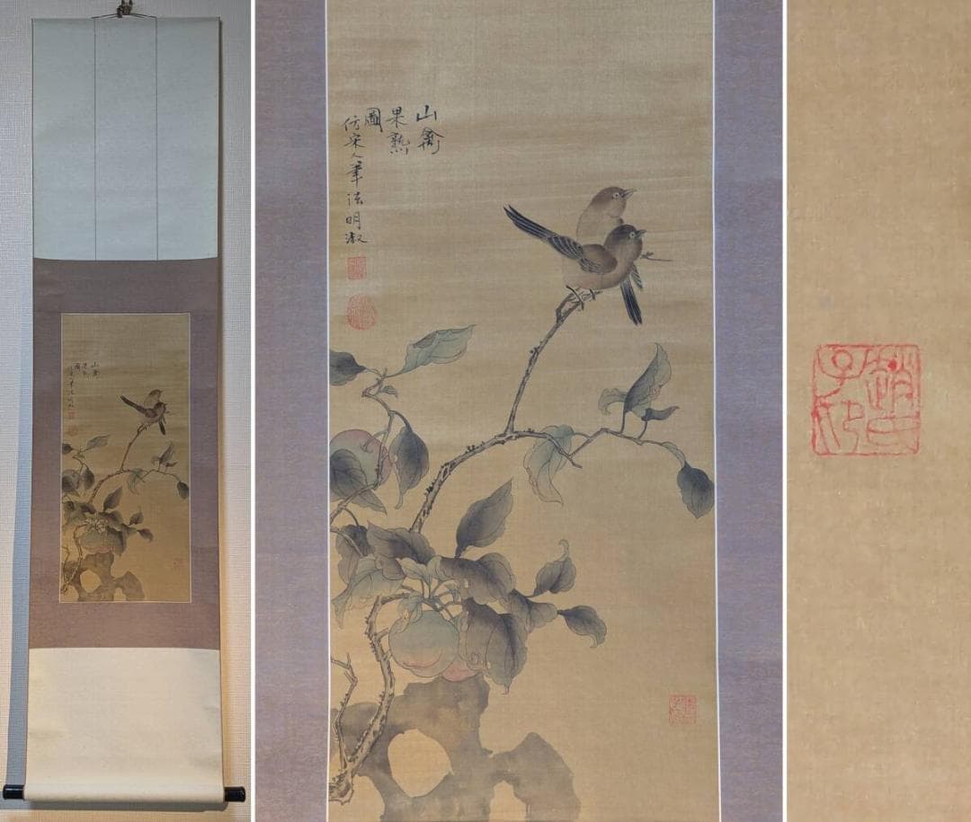 【真作】掛軸　柿に小鳥図　秋の風情漂う雅な花鳥画　U153