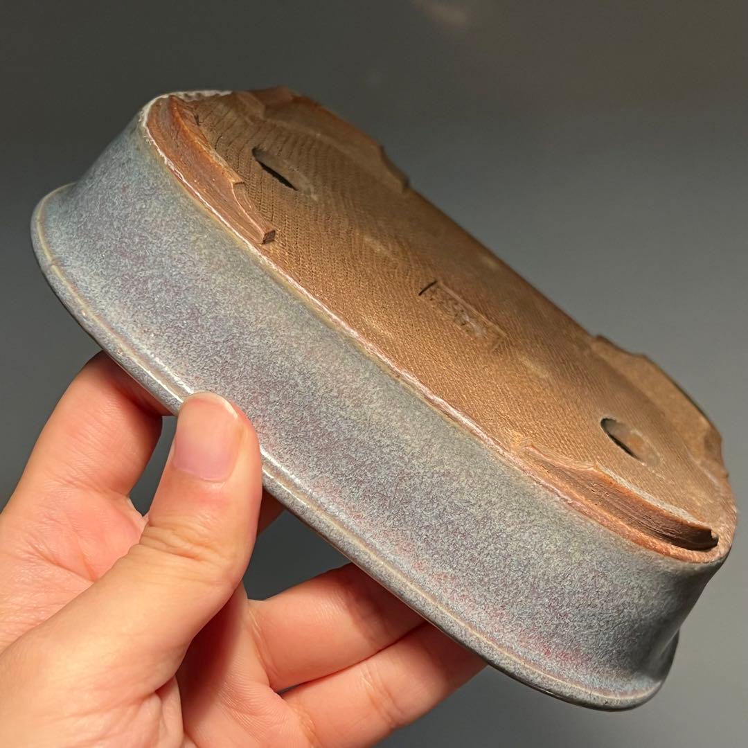 831.虹泉 紫釉抚角段足長方 盆栽鉢 植木鉢 16.8*13.3*4cm