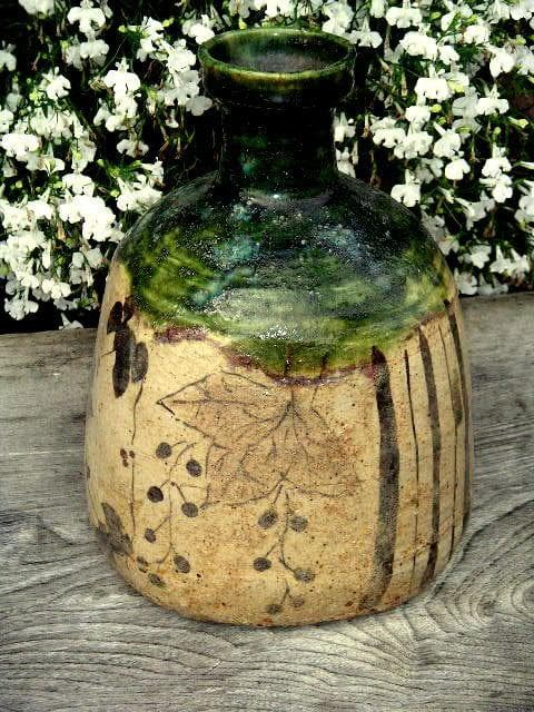 ♥時代　織部　大徳利　時代箱つき　花瓶　花器　古玩　中国　レトロ　アンティーク