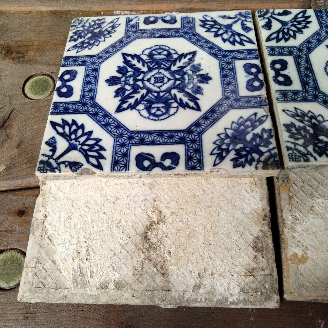 大正昭和時代　青白花柄アンティークタイル　4枚セット