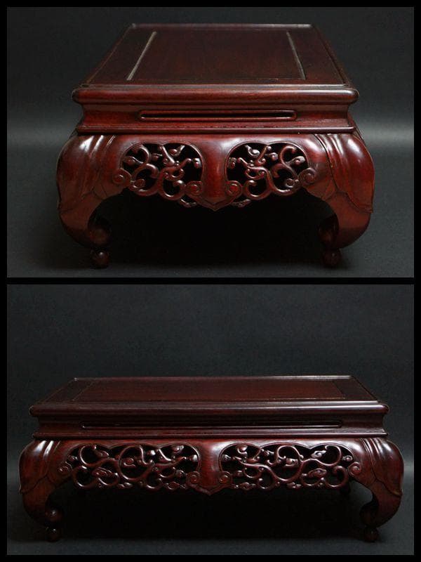 唐木紫檀製 透かし彫り唐草文 猫足花台 飾台 香炉台 盆栽台 / 華道具☆美品☆