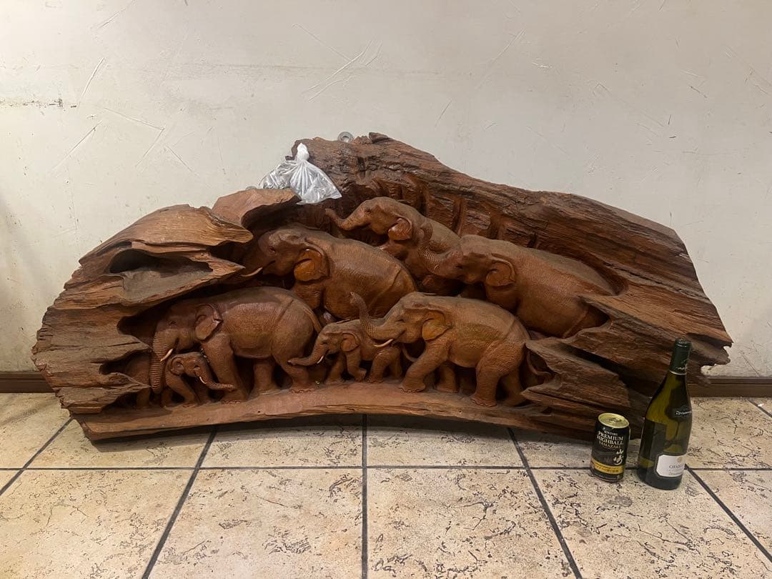 タイ伝統木彫｜老木チーク一木彫大レリーフ ｜店舗什器｜一点物｜幅145｜商売繁盛