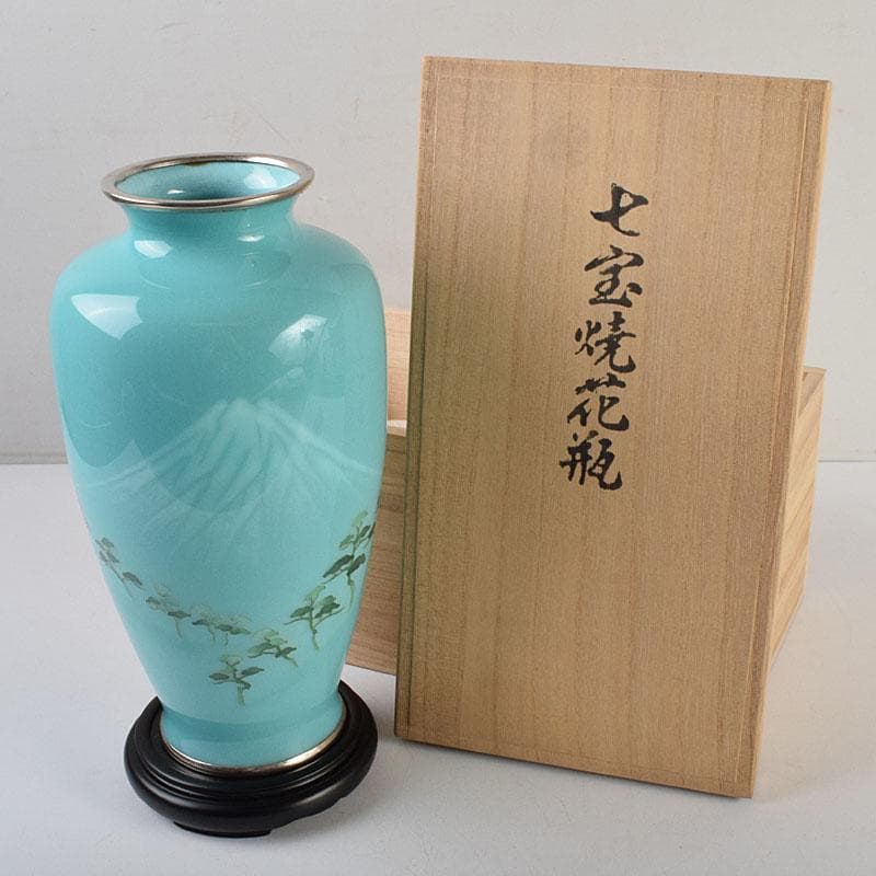 七宝焼　青釉　富士松文　花瓶　唐木台付　共箱　M　R9509