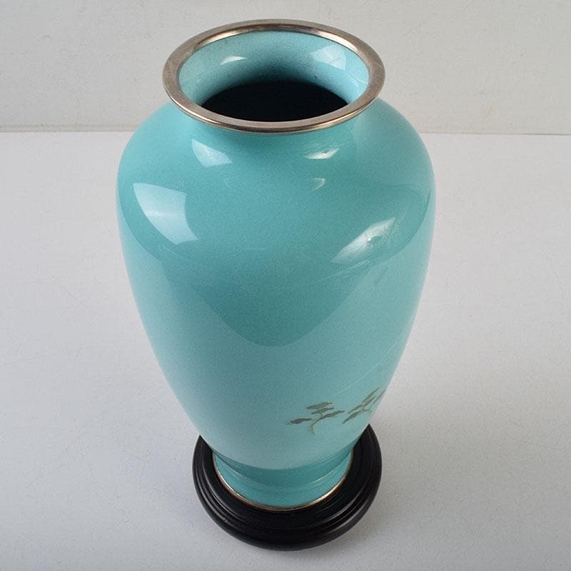 七宝焼　青釉　富士松文　花瓶　唐木台付　共箱　M　R9509