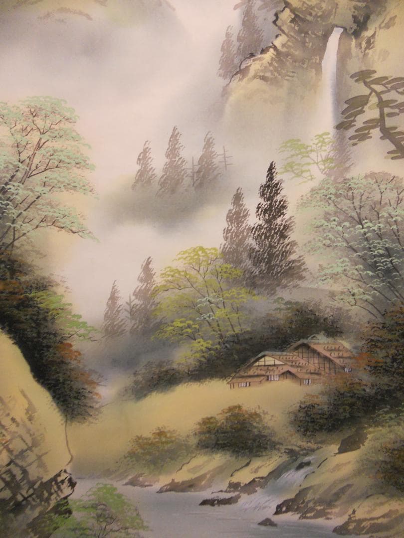 掛け軸 松観 彩色山水 絹本 希少 軸装 茶道具 掛軸 美品 です。