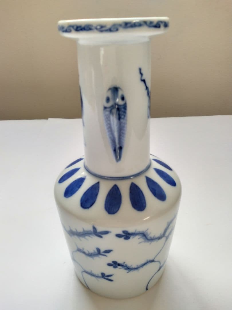 九谷　陶源製　高砂花入　染付鯉耳　華入