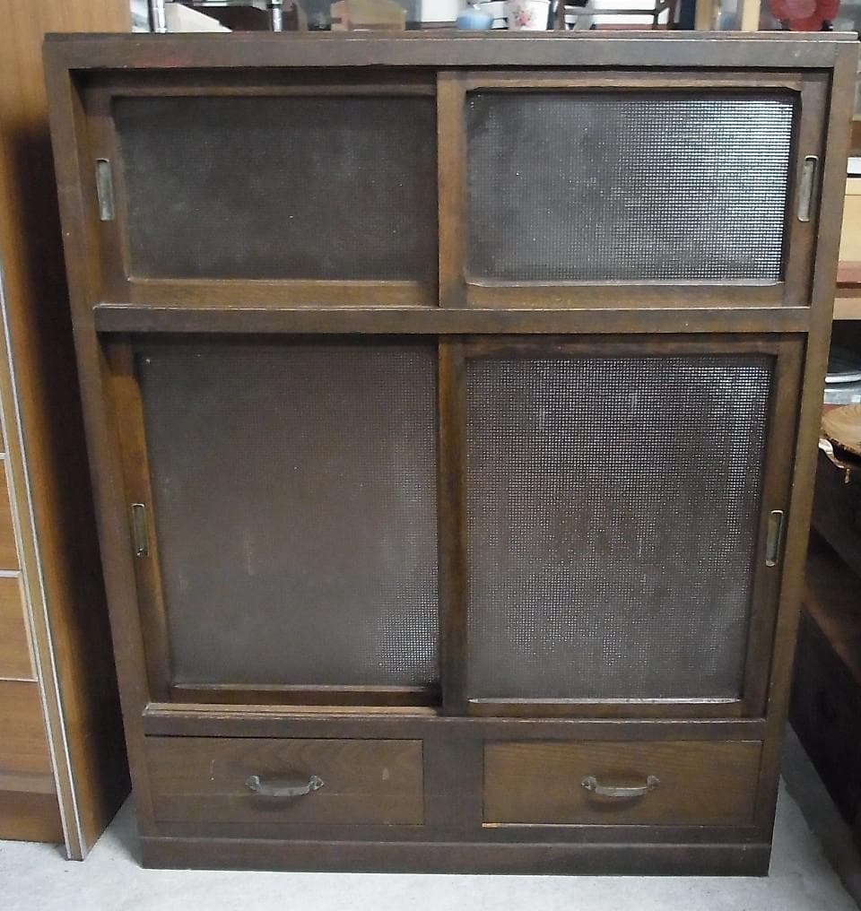 アンティーク　木製キャビネット　茶箪笥　収納　飾り棚　レトロガラス戸