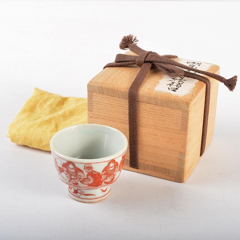 湖東焼　赤絵　人物文　猪口　盃　時代箱付　V　R5213
