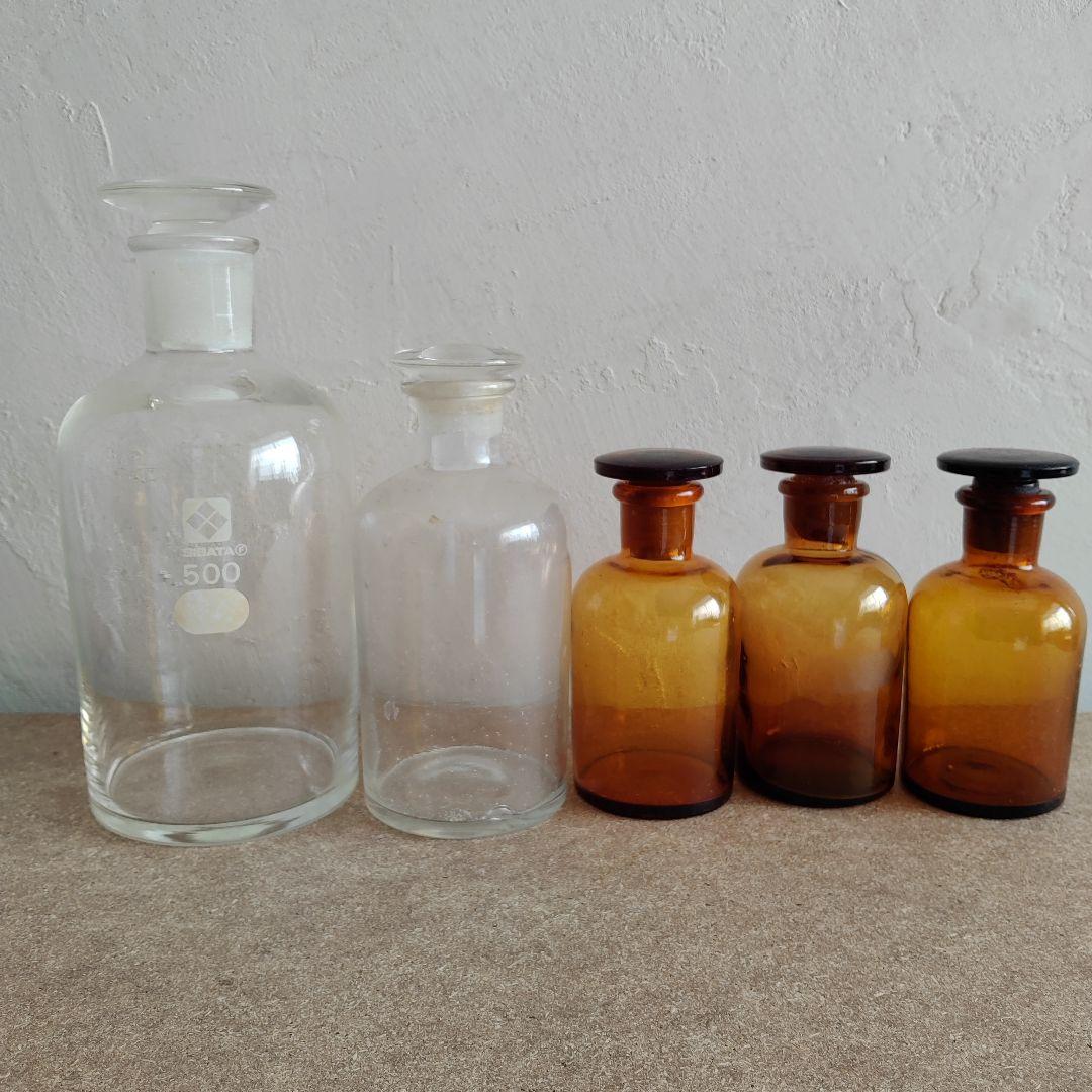 アンティークガラス瓶 透明 琥珀色 蓋付き 5個セット