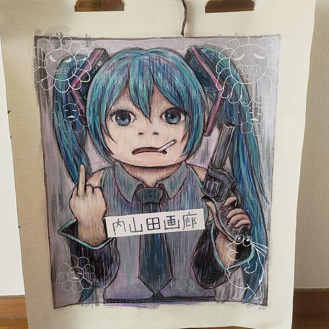 【内山田画廊】f8号　キャンバス　現代アート初音ミク アクリル画 銃を持つ
