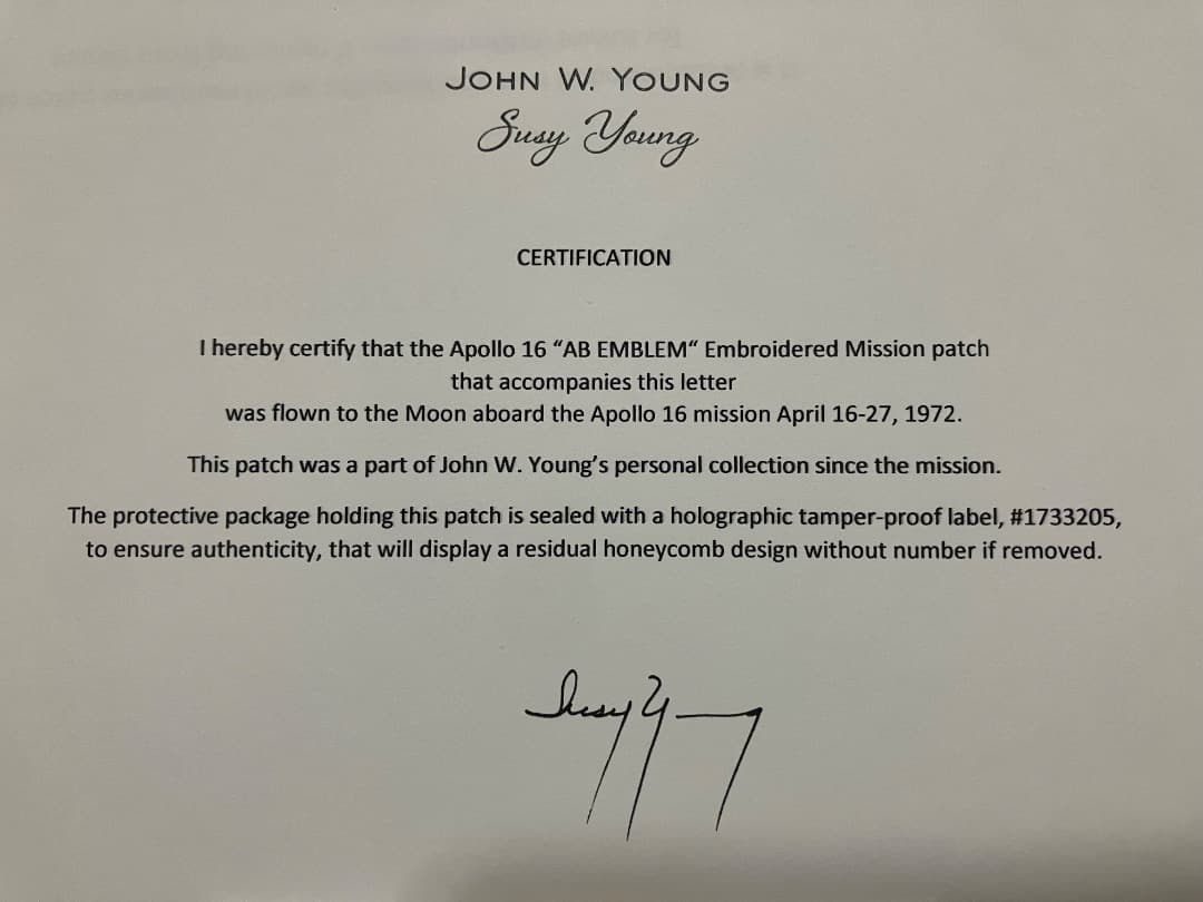 希少 アポロ16号 実飛行ミッションパッチ (認定書付き)