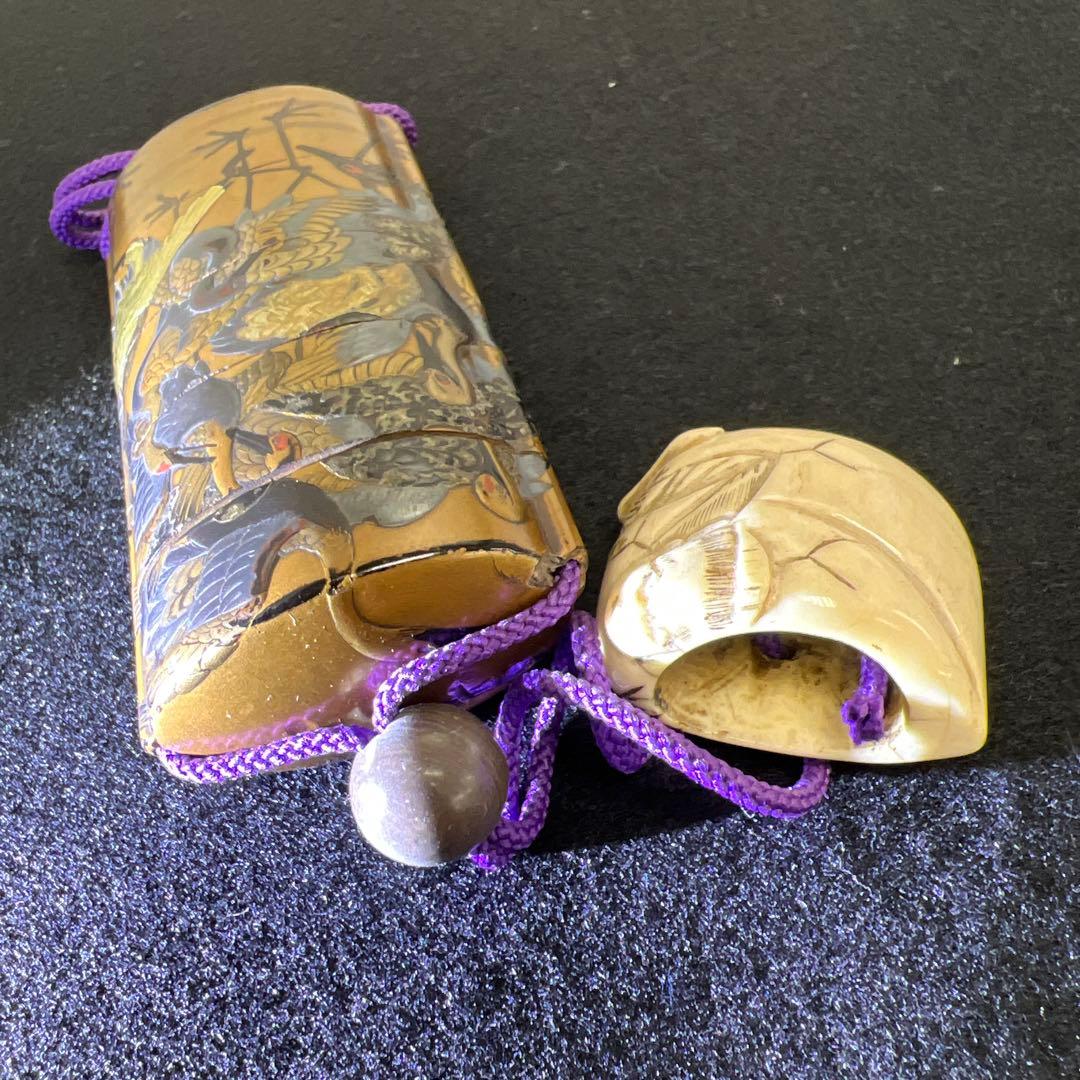 江戸時代　鶴蒔絵印籠、根付　70g 東Y8-0122☆2Fトコカ