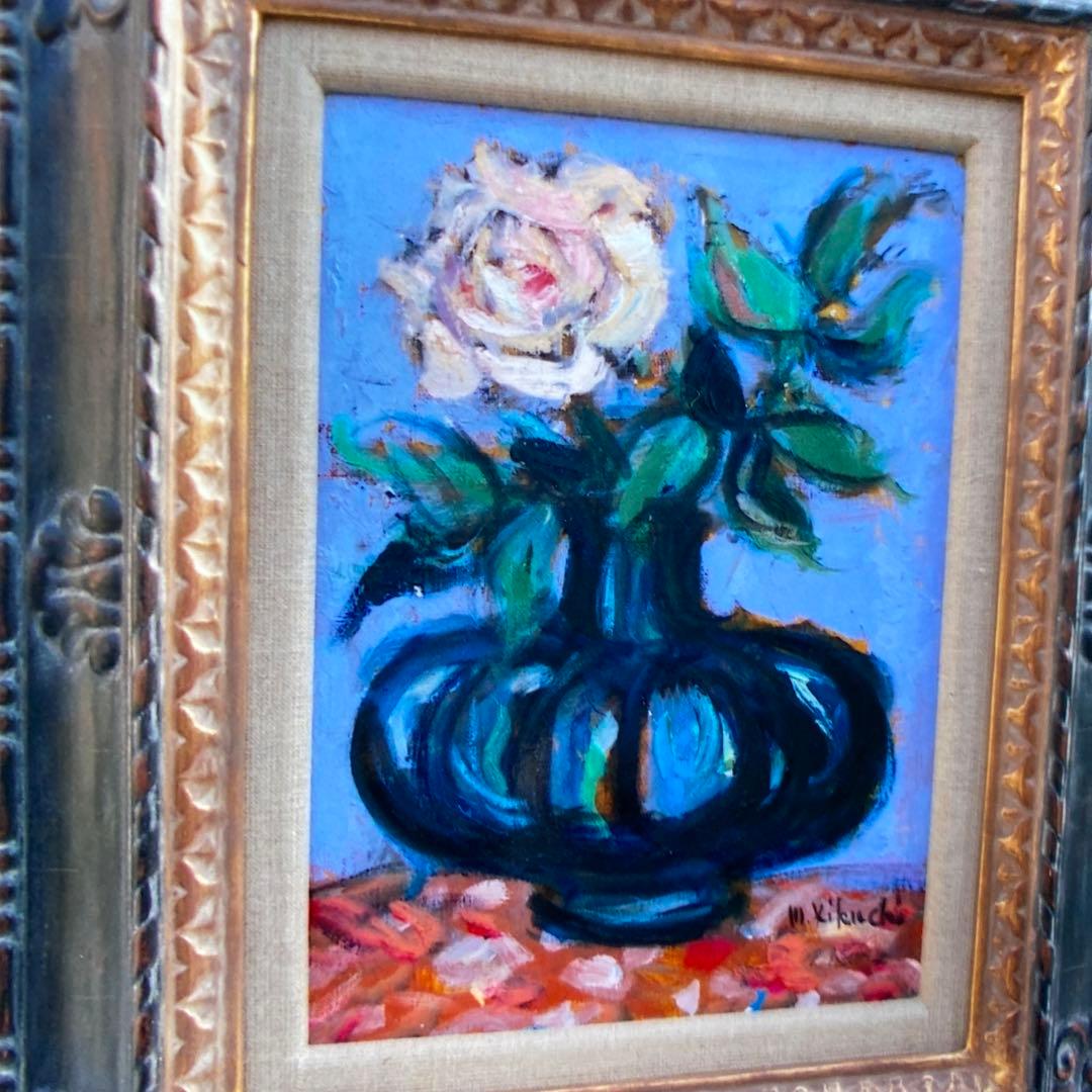 絵画　油絵　油彩画F4 「バラ一輪」額付き　美品　芸術　原画　手描き　サイン入り