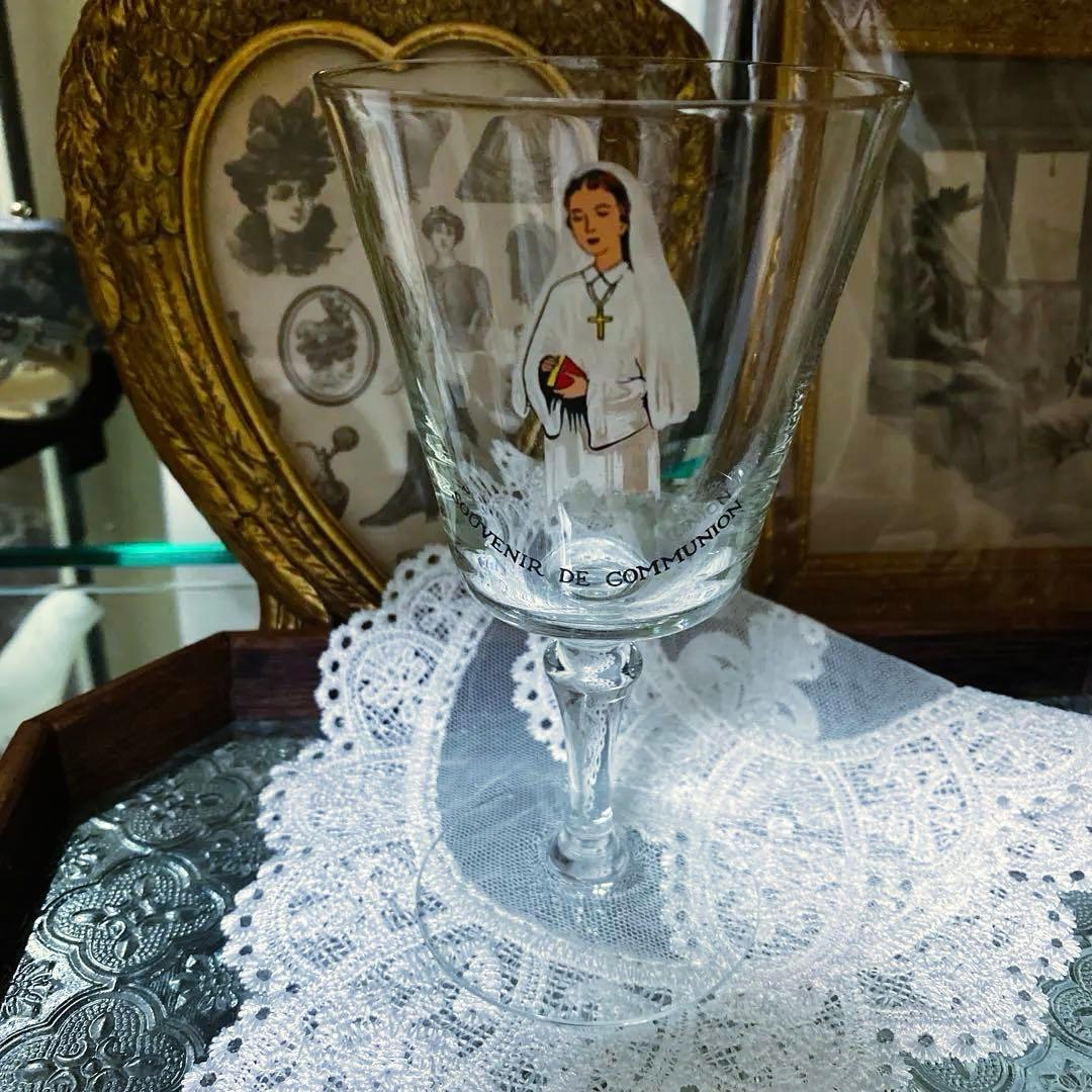フランス　アンティーク　コミュニオン　グラス　初聖体　キリスト　カトリックの聖杯