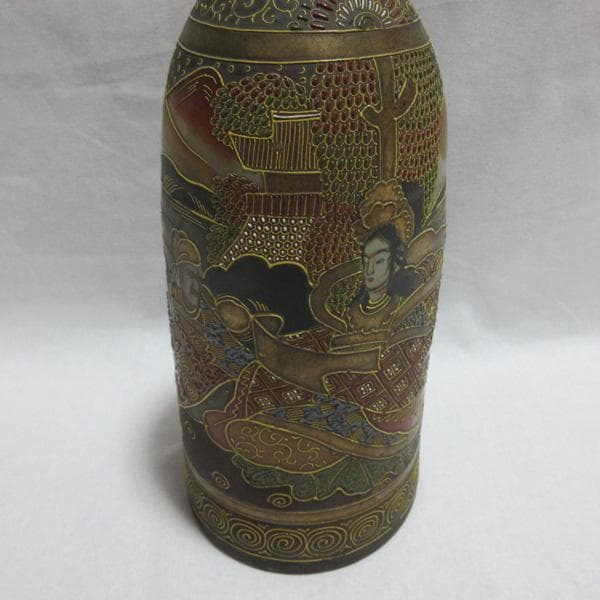 古い薩摩焼いっちん描きイッチン技法陶器陶磁器徳利とっくり明治大正骨董アンティーク