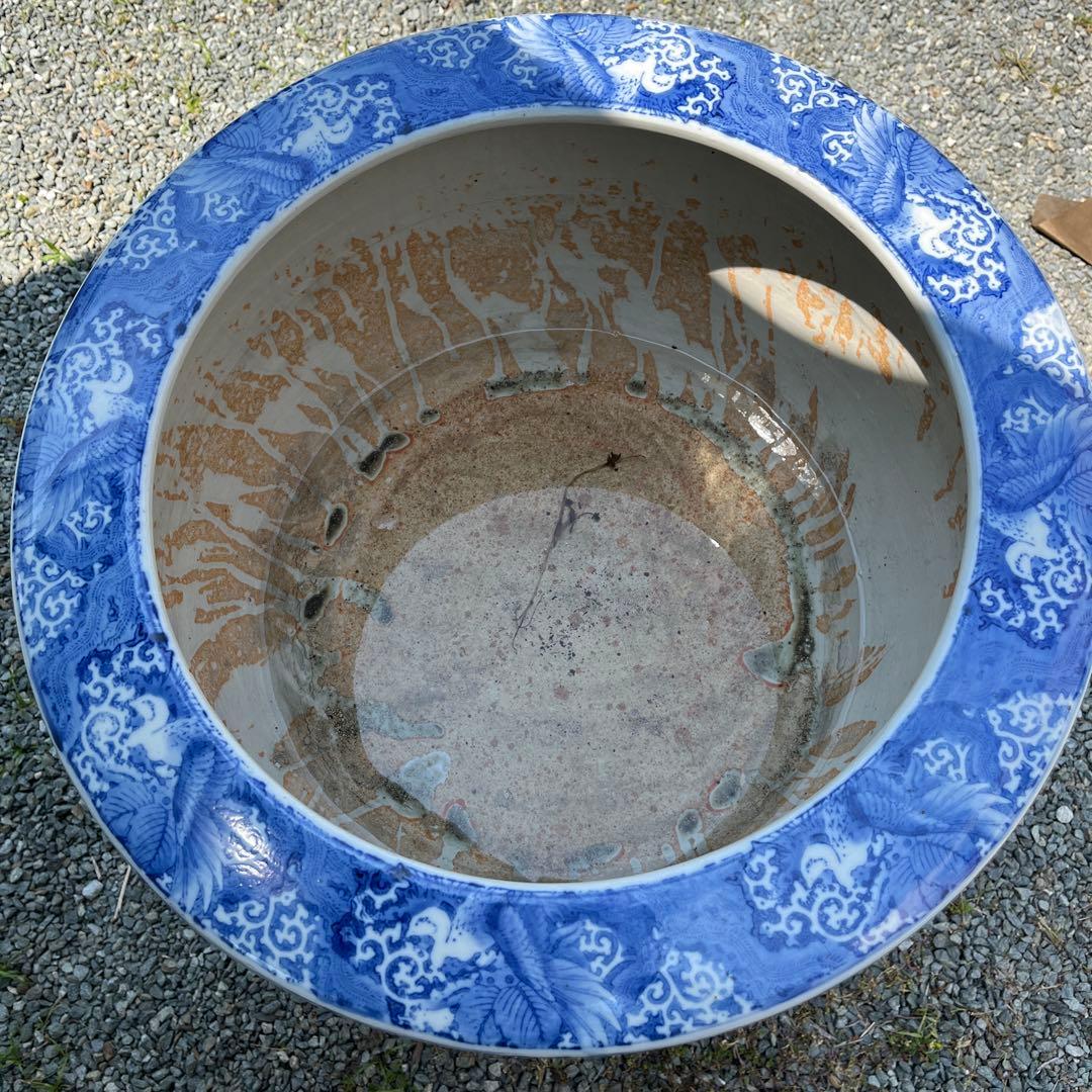 骨董 火鉢 大型 染付 睡蓮鉢 金魚 メダカ テーブル 鉢カバー 古民具 陶器