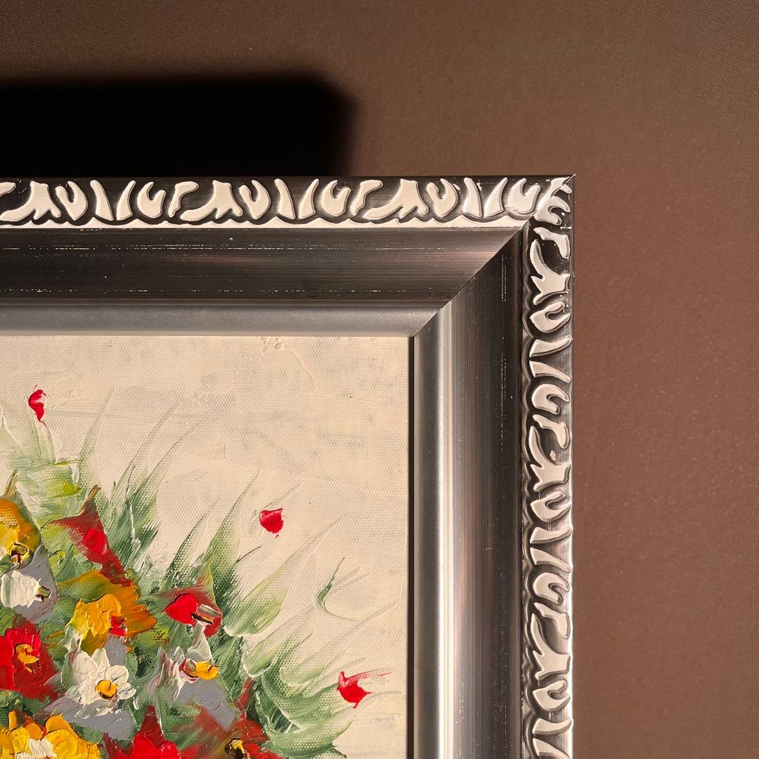 手書き油絵 花瓶の花 額付 絵画 インテリア 油彩画