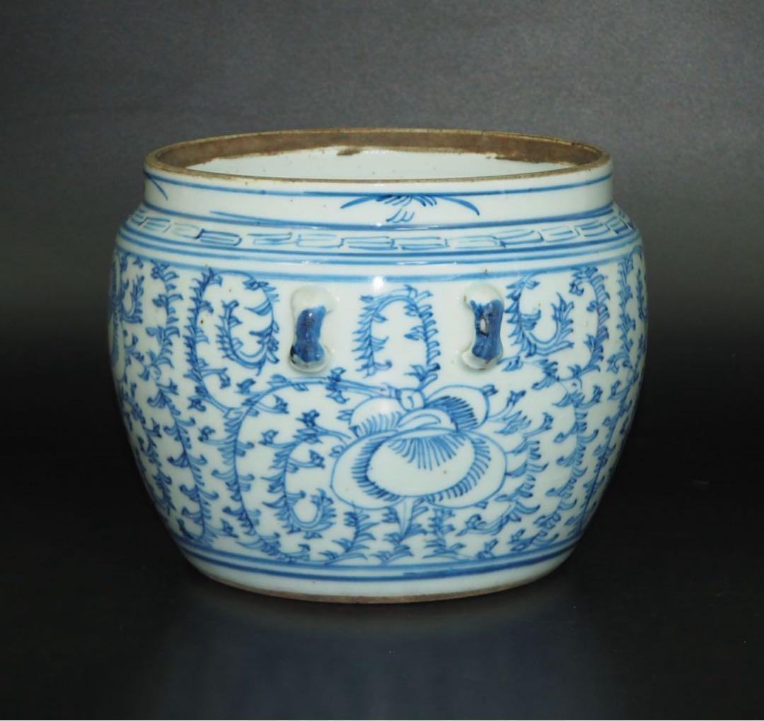 送料無料　清時代嘉慶道光青花罐/水指　本物保証　『喜』無し　耳あり　希少造形