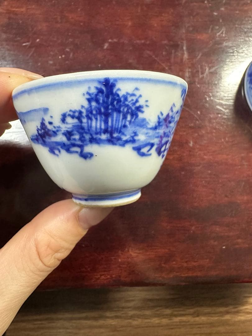 幹山傳七製　山水文　青華煎茶碗　2個セット