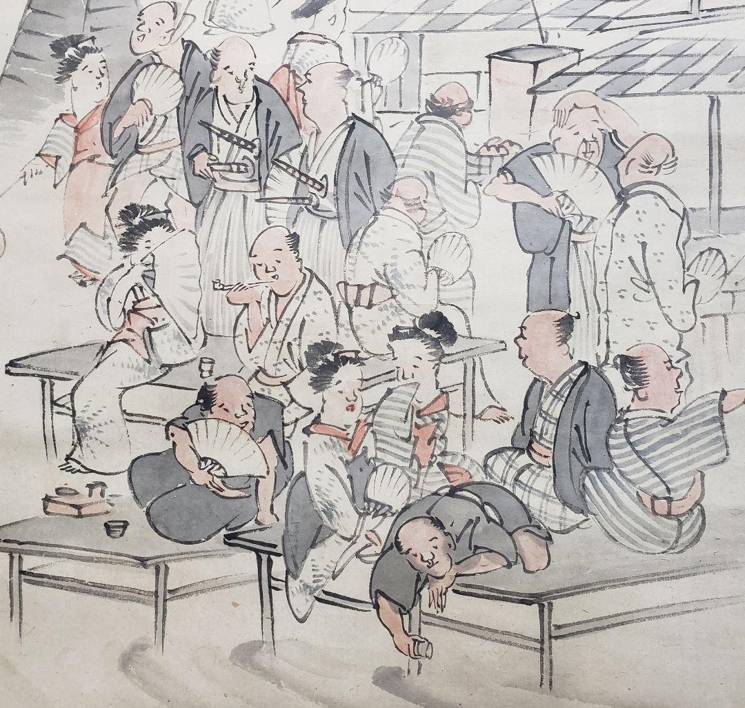 【河原夕涼み図】奥村石蘭 703 京都鴨川 四条納涼　掛け軸　肉筆