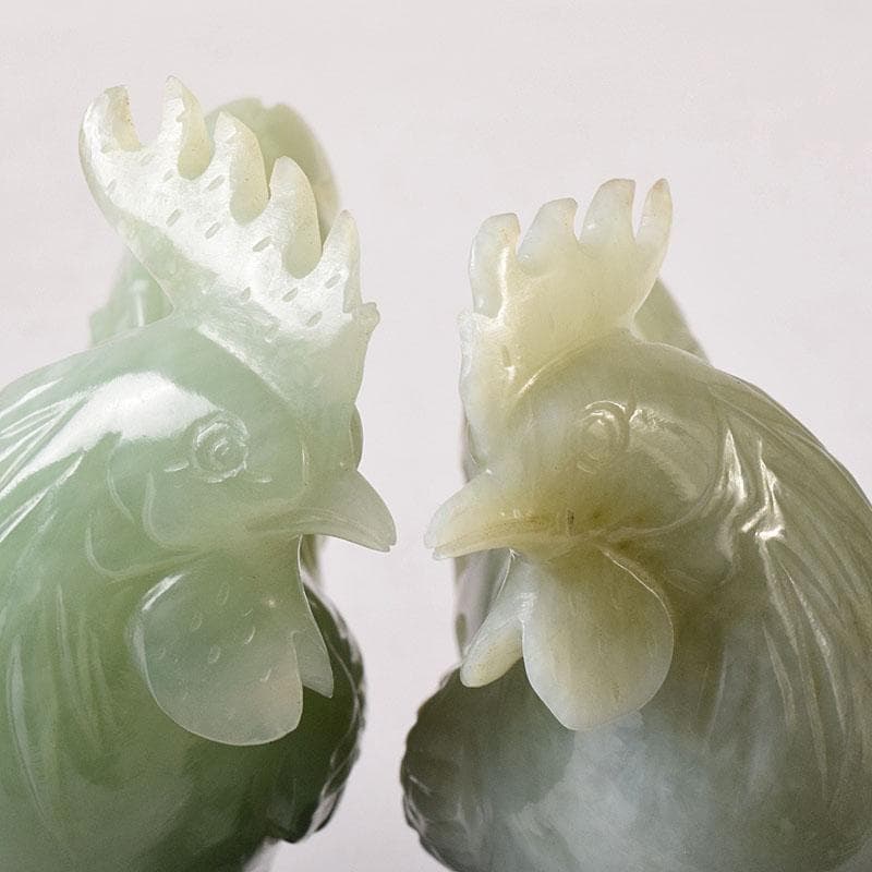 中国　玉石彫刻　鶏　鳥　一対　置物　香炉　唐木台付　C　7651C