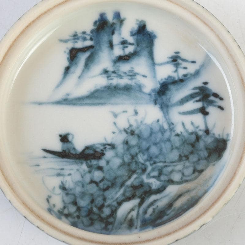 茶道具　京焼　高橋道八造　染付　山水文　香合　紫野　小田雪窓極め箱　V　9733