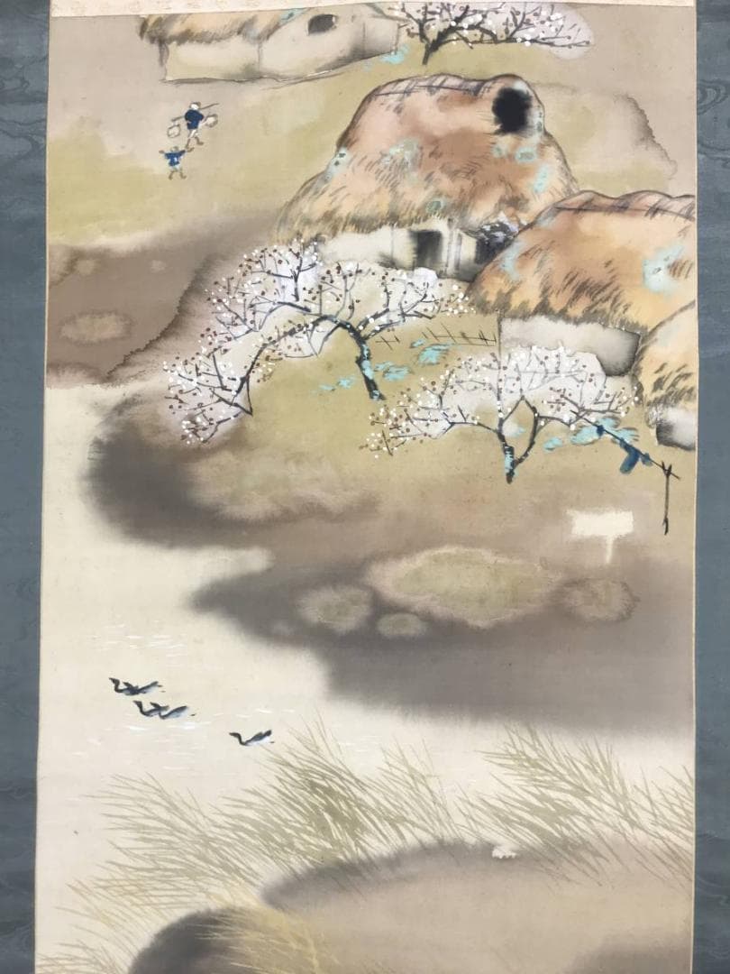 【真作】麦翠/池畔田家之図/山水図/人物図/掛軸/名家伝来/AC-70