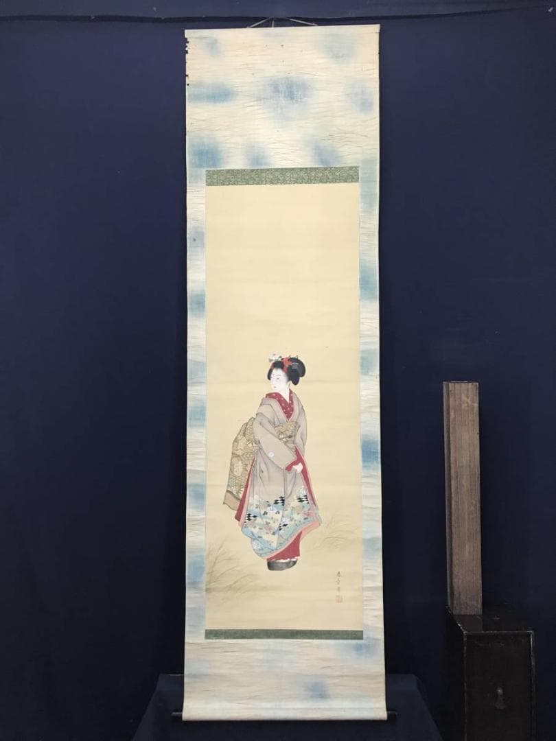 【真作】中島来章/美人画/美人図/掛軸/名家伝来/AC-395